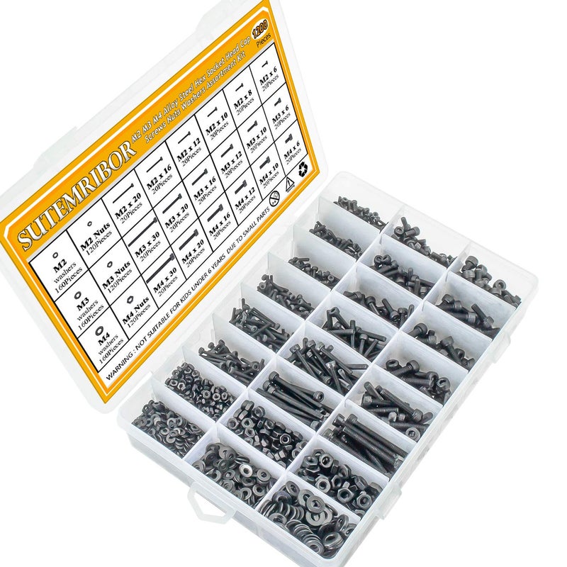 Sutemribor M2 M3 M4 Alloy Steel Screws Nuts and Washers 1200PCS, Sutemribor Hex Socket Head Cap Bolts Screws Nuts Washers Assortment Kit with Hex Wrenches - Image 2